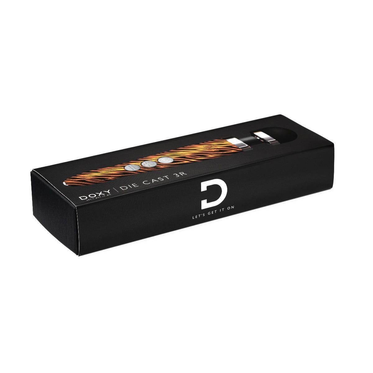 Doxy Die Cast 3 Rechargeable vibrator with tiger hydrographic finish, compact design, and textured surface for stimulation.