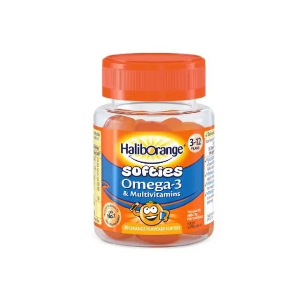 Haliborange Kids Teens Omega-3 and Multivitamins Softies, 30 tablets, with colorful soft gummy vitamins for children and teenagers.
