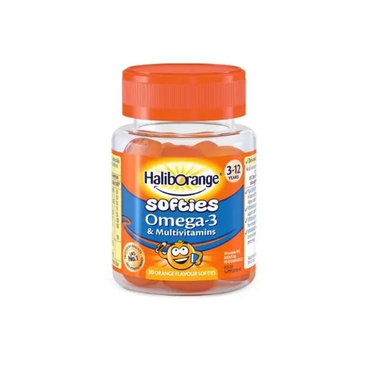 Cured Pharmacy Haliborange Fruit Softie multivitamin pack of 30 gummies in colorful fruit shapes on a white background