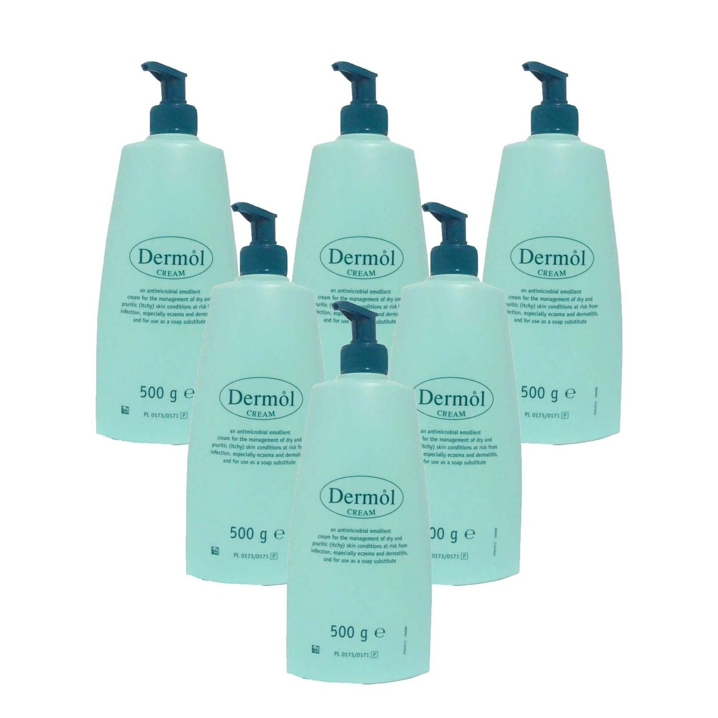Cream jar labeled Dermol Cream 500g with a white lid on a plain background, showcasing the skincare product.