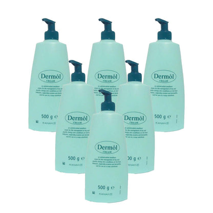 Cream jar labeled Dermol Cream 500g with a white lid on a plain background, showcasing the skincare product.