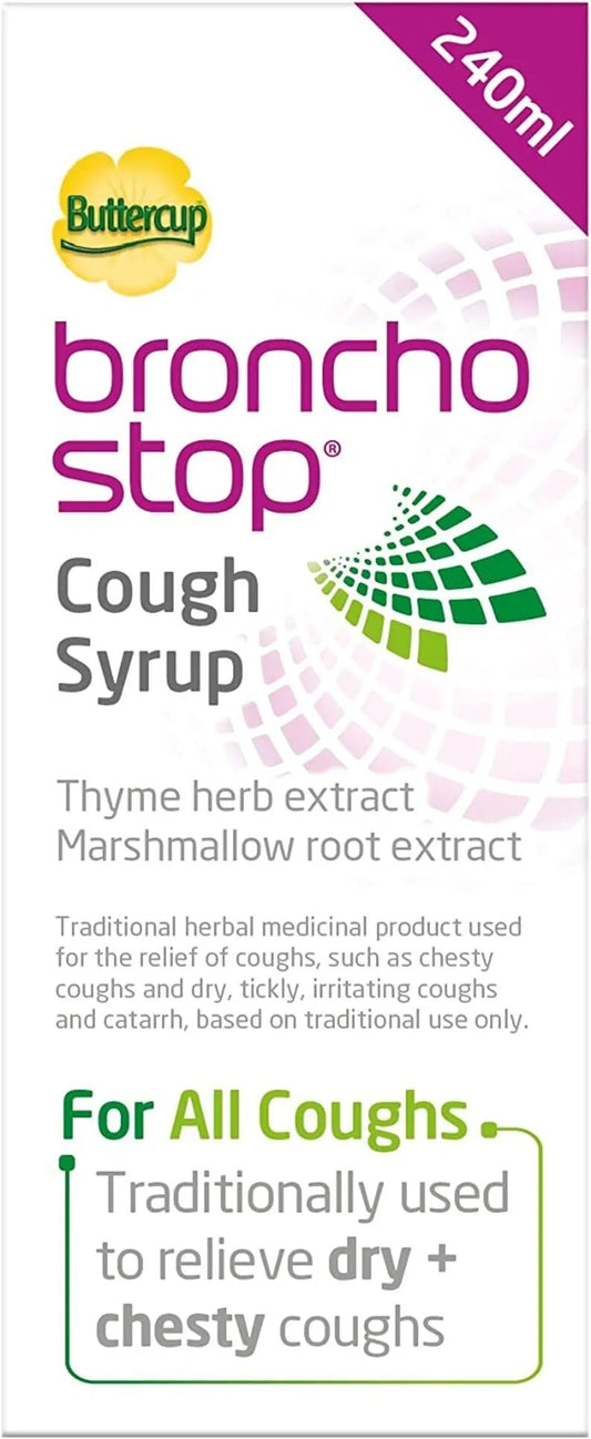 Cured Pharmacy Bronchostop Syrup bottle with label, displayed on a white background, used for soothing cough and bronchial relief.