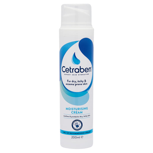 Cetraben Moisturising Cream 200ml jar with white lid and label, suitable for dry skin hydration and skin soothing.