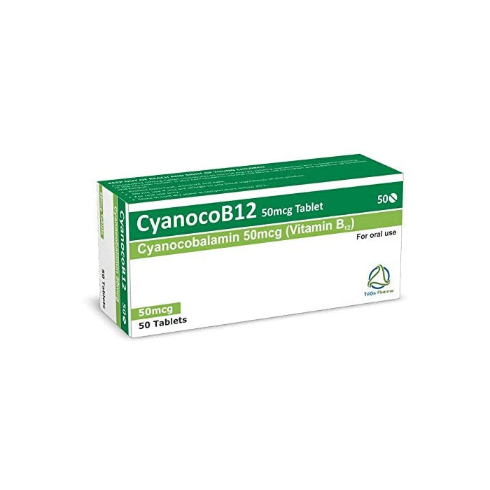 Cyanocobalamin Vitamin B12 supplement bottle with 50 tablets from Cured Pharmacy, showing the label and tablets inside the bottle.