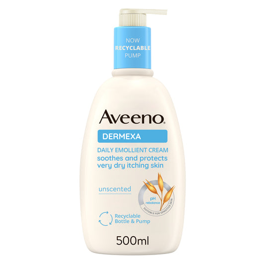 Aveeno Dermexa Daily Emollient Cream jar with white lid and label, designed for moisturizing and soothing sensitive skin.