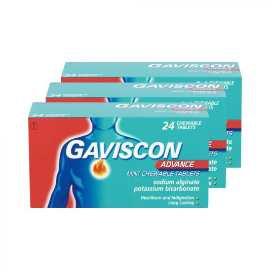 Gaviscon Advance Mint Chewable Tablets, 24 count, showing the packaging with tablets and mint flavor branding.