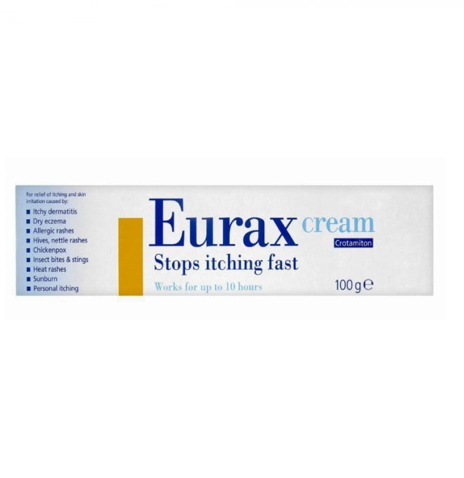 Eurax Anti-Skin Irritation Cream 100g jar showing the cream inside and the product label on the packaging.