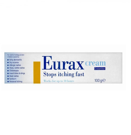 Eurax Anti-Skin Irritation Cream 100g jar showing the cream inside and the product label on the packaging.