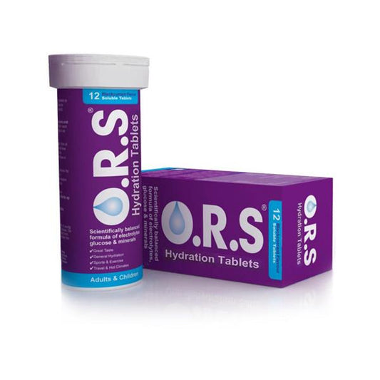 Cured Pharmacy ORS Hydration blackcurrant tablets in blister pack, showing 12 effervescent electrolyte tablets for hydration.