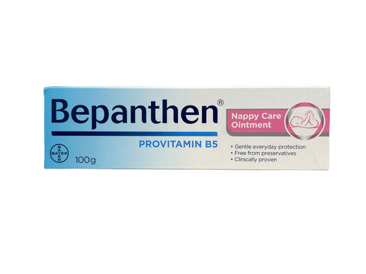 Bepanthen Nappy Care Ointment 100g jar with white lid, used for diaper rash and skin protection in babies.