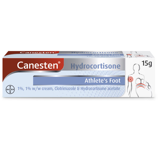 Canesten Hydrocortisone Cream in a 15g tube, showing the packaging and applicator for skin relief and anti-inflammatory treatment.