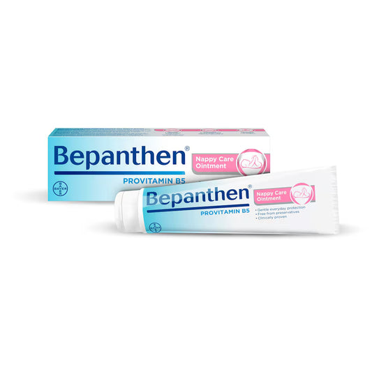 Bepanthen Nappy Care Ointment 30g tube showing the white ointment and packaging for diaper rash relief.