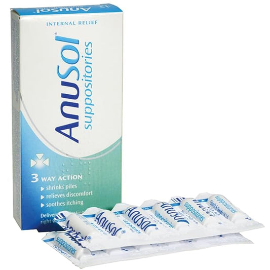 Anusol suppositories for hemorrhoid relief, 24 suppositories, shown in packaging with applicator and product details.
