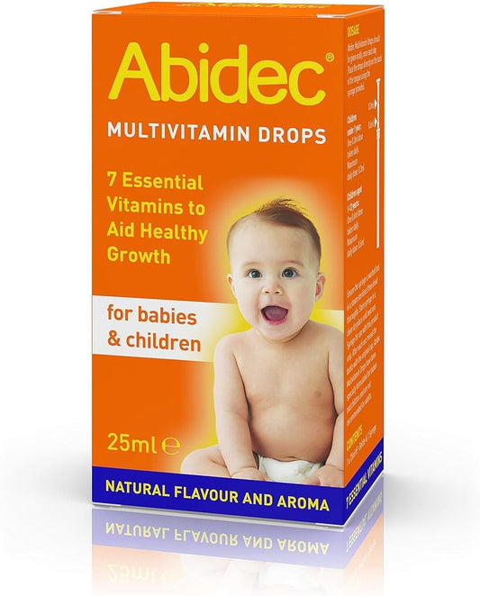 Abidec multivitamin drops bottle for infants and children, 25ml container with dropper for easy supplement intake