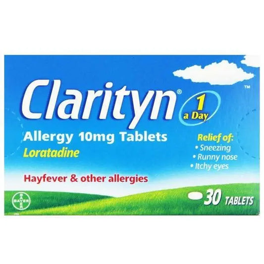 CuredPharmacy Clarityn Allergy Relief 10mg box showing packaging and tablets for allergy symptom relief