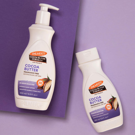 Cocoa Butter Lotion by Palmer's, fragrance-free, 400ml bottle, smooth moisturizing cream for dry skin.