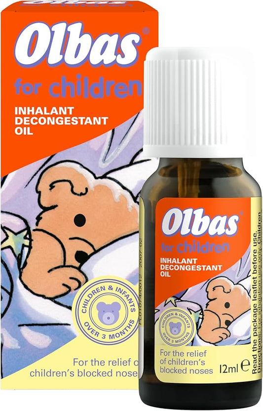 Olbas for Children 12ml herbal remedy bottle with dropper, designed for nasal relief and soothing congestion in kids