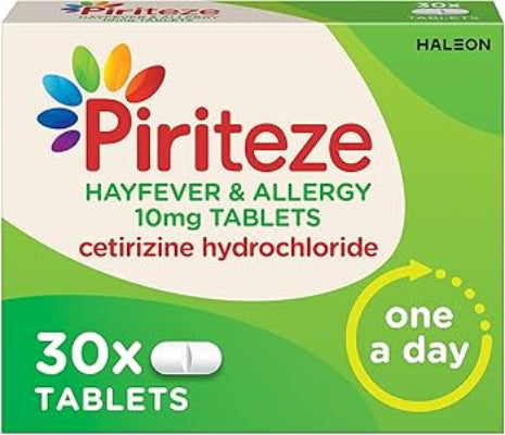 Box of Piriteze Antihistamine Allergy Relief tablets featuring 30 tablets in a white and blue package.