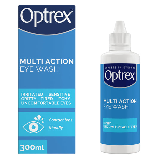 Optrex Multi Action Eye Wash 300ml bottle with clear label, designed for soothing and cleansing sensitive eyes.