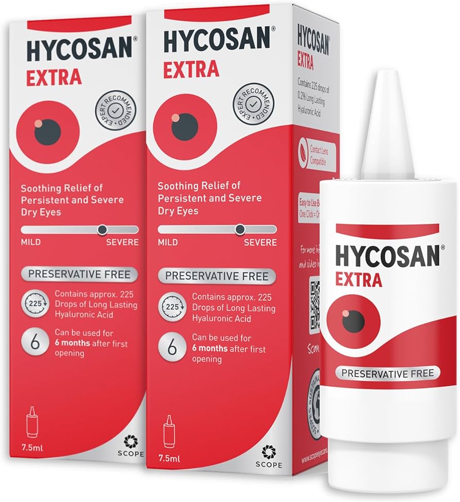 Hycosan Extra Eye Drops by Cured Pharmacy, 10ml bottle with clear solution and dropper cap on white background.