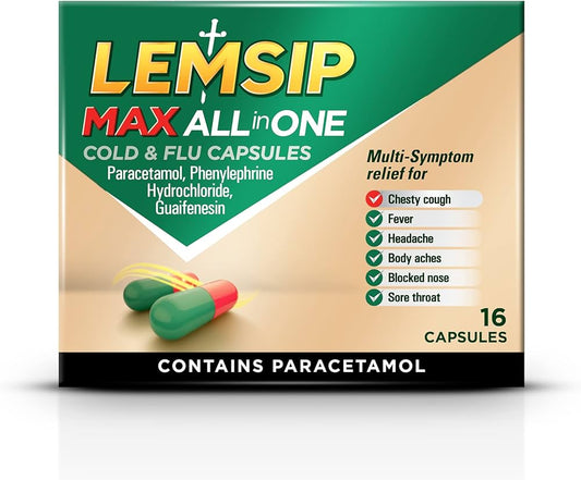 Lemsip Max All In One Cold & Flu capsules in a blister pack, containing 16 capsules for relief from cold and flu symptoms.