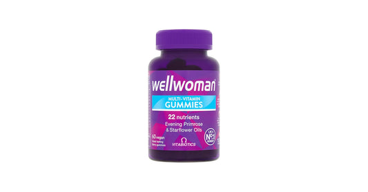 Wellwoman 60 Gummies by My Store, showing a bottle and colorful gummies on a white background.