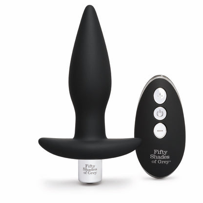 Fifty Shades of Grey Relentless Vibrations remote control butt plug with smooth silicone design and adjustable vibration settings.