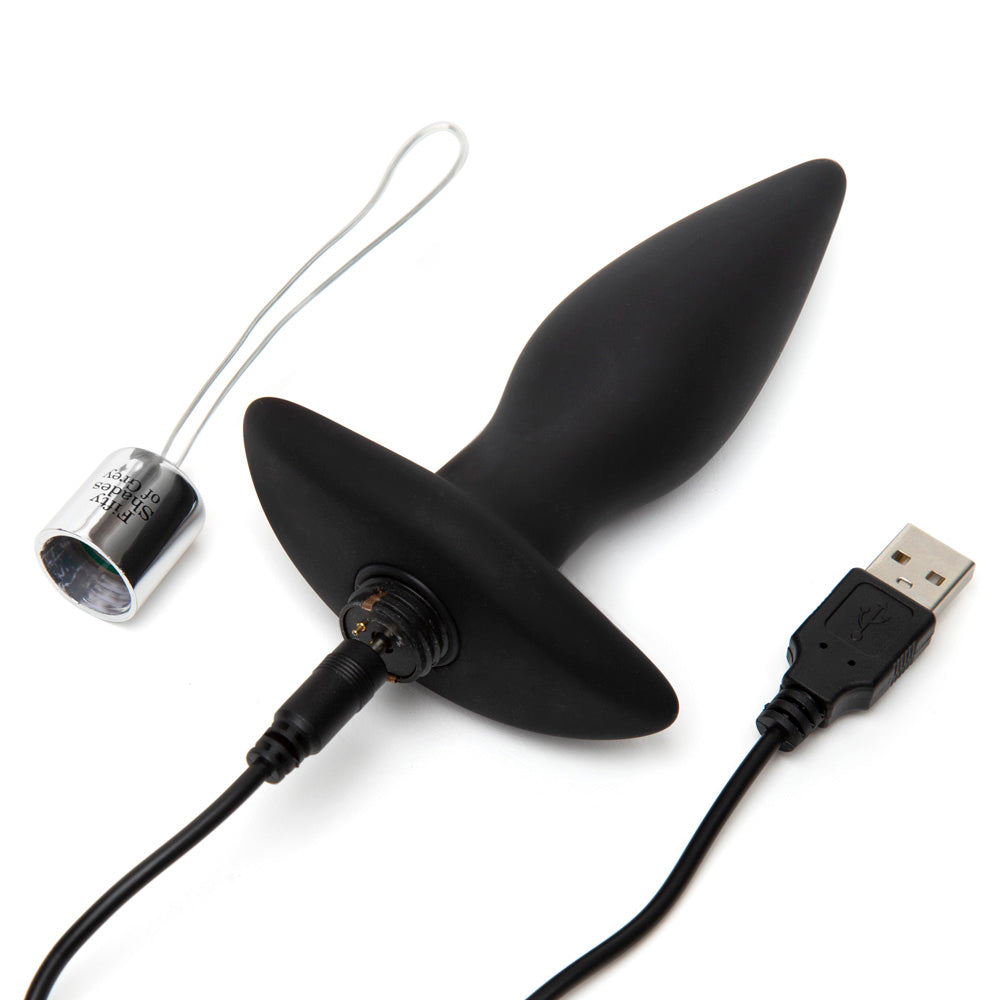 Fifty Shades of Grey Relentless Vibrations remote control butt plug in sleek design, displayed on a neutral background.