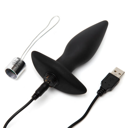 Fifty Shades of Grey Relentless Vibrations remote control butt plug in sleek design, displayed on a neutral background.