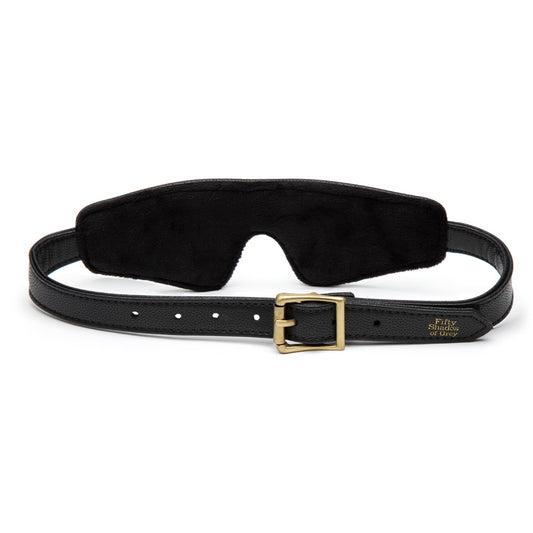 Fifty Shades of Grey Bound to You Blindfold, black satin sleep mask with adjustable strap for sensory play and comfort.