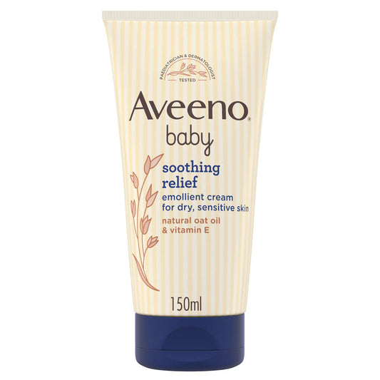 Aveeno Baby Soothing Relief Emollient Cream in a 150ml tube, gentle for baby's skin and soothing for sensitive skin.