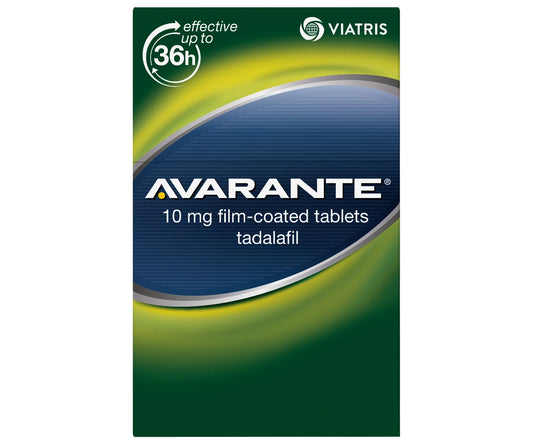 Avarante Tadalafil 10mg tablets in blister pack, showing the packaging and tablets for erectile dysfunction treatment.