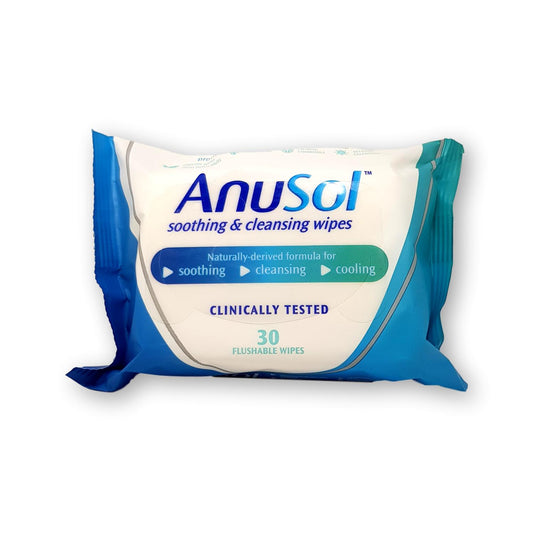 Anusol soothing and cleansing wipes in a pack of 30, designed for gentle hygiene and comfort.