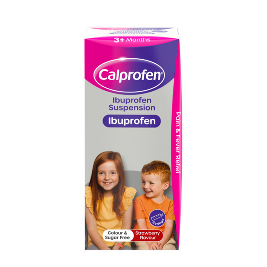 Calprofen Ibuprofen Suspension bottle showing the label and dosage instructions for pain relief and fever reduction.
