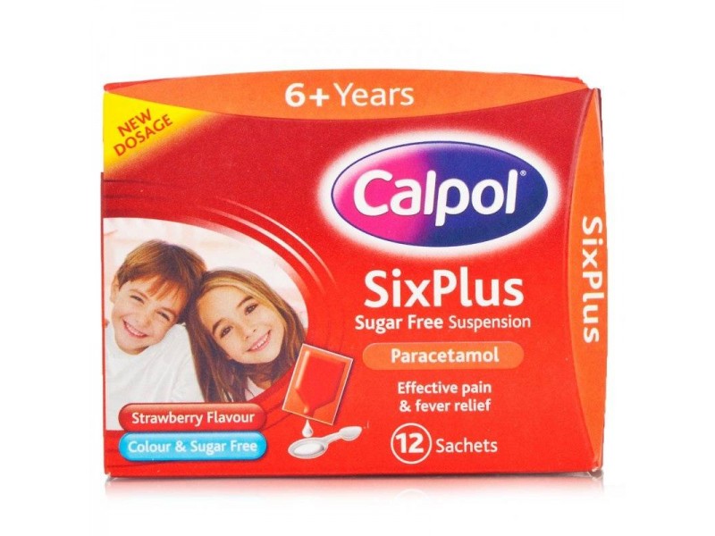 Calpol Six Plus sugar-free suspension sachets for children, showing the colorful sachets on a white background.