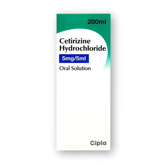 CuredPharmacy Cetirizine Hydrochloride 5mg/5ml oral solution bottle, 200ml, for allergy relief.