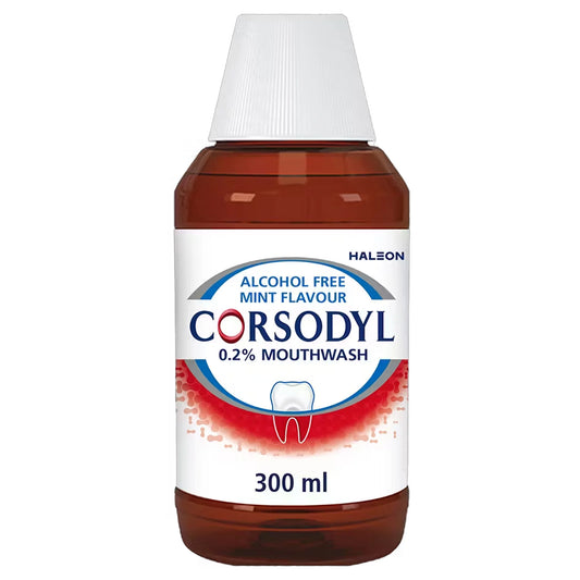Corsodyl 0.2% alcohol-free mint mouthwash in a 300ml bottle, designed to help with gum problems and freshen breath.