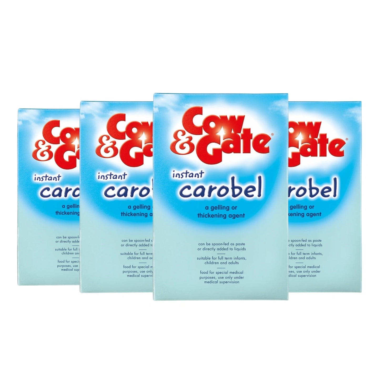Cow & Gate Carobel Instant 135g baby feeding thickener in a plastic jar with a scoop, ready for infant formula or food.