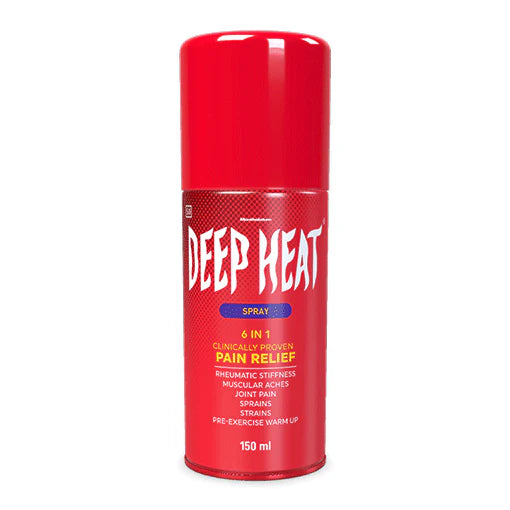 Deep Heat Pain Relief Spray 150ml from My Store, featuring a blue and white aerosol can with a spray nozzle for muscle relief.