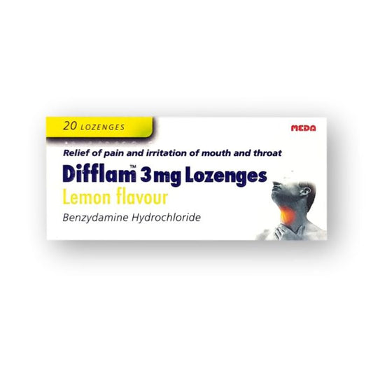 Lemon-flavored Difflam 3mg lozenges in a box, designed to soothe sore throats and mouth discomfort.