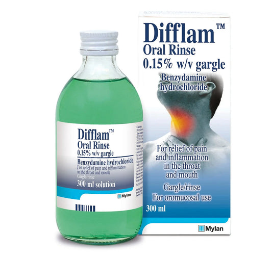 Difflam Oral Rinse 300ml bottle with box from Cured Pharmacy, showing the packaging and product label.