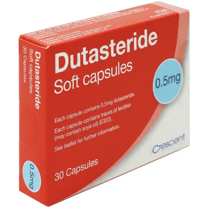 Cured Pharmacy Dutasteride 0.5mg capsules for hair loss treatment, showing smooth, oval-shaped medication capsules in a blister pack.