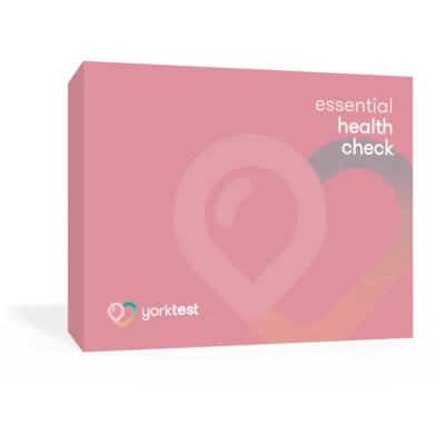 Yorktest Essential Health Check kit with testing materials and instructions for comprehensive health assessment.