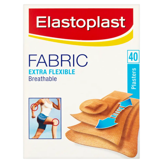 Cured Pharmacy Elastoplast extra flexible fabric plasters, 40-pack, showing medical adhesive bandages for wound protection.