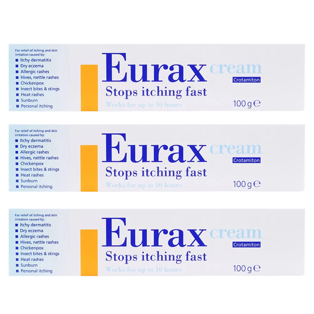 Three 100g tubes of Eurax Anti-Skin Irritation Cream displayed in a pack, showing the product packaging and tube design.
