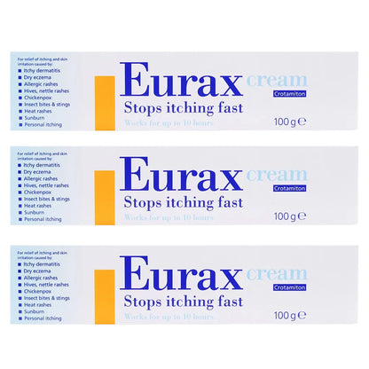 Three 100g tubes of Eurax Anti-Skin Irritation Cream displayed in a pack, showing the product packaging and tube design.
