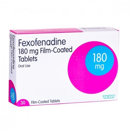Fexofenadine 180mg and 120mg tablets in blister packs, used for allergy relief, from Cured Pharmacy.