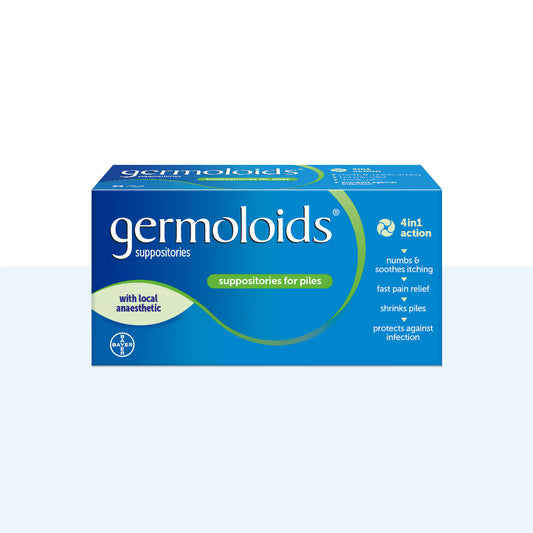 Germoloids haemorrhoid and piles treatment suppositories by Cured Pharmacy, showing a 24-pack box with suppositories for relief.