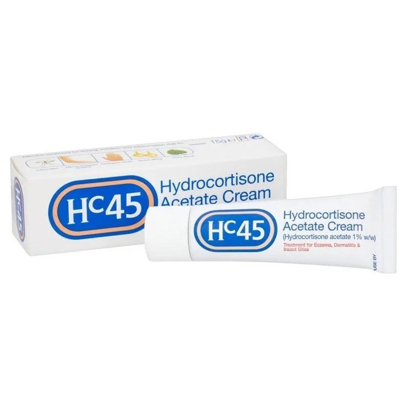 Hydrocortisone Acetate Cream in a 15g tube, showing the HC45 brand label and smooth cream texture on the product packaging