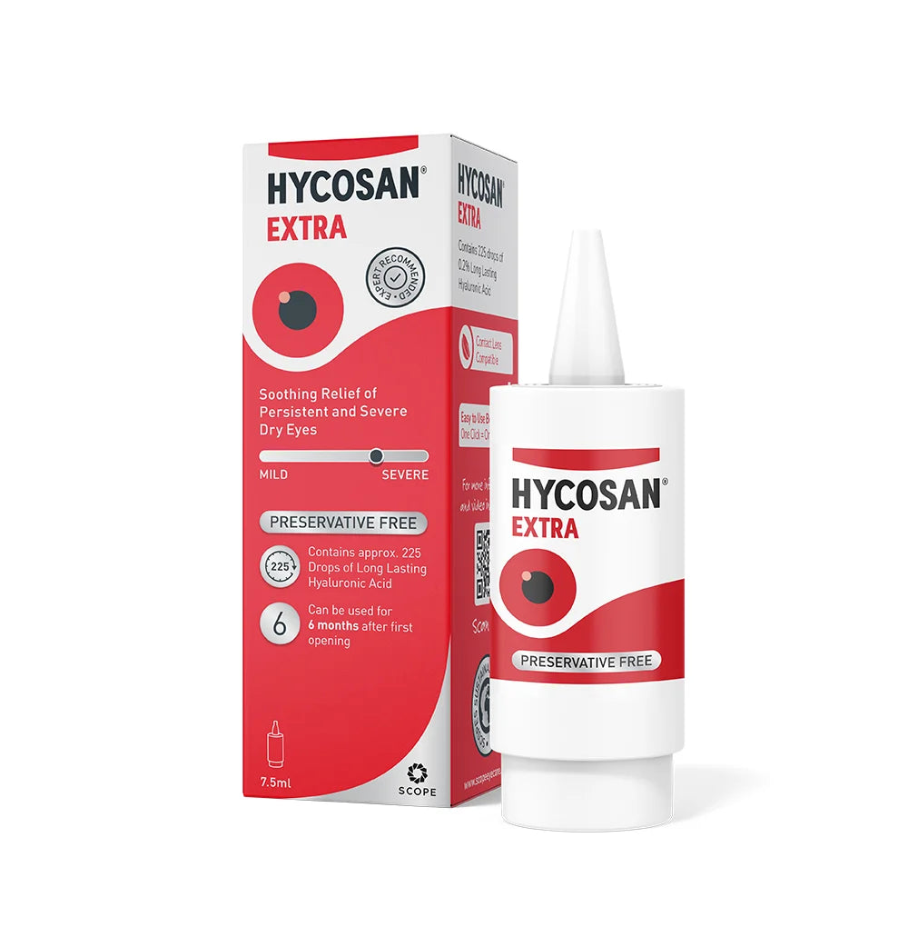 Hycosan Extra eye drops bottle with dropper, clear liquid, used for lubricating and soothing dry or irritated eyes.